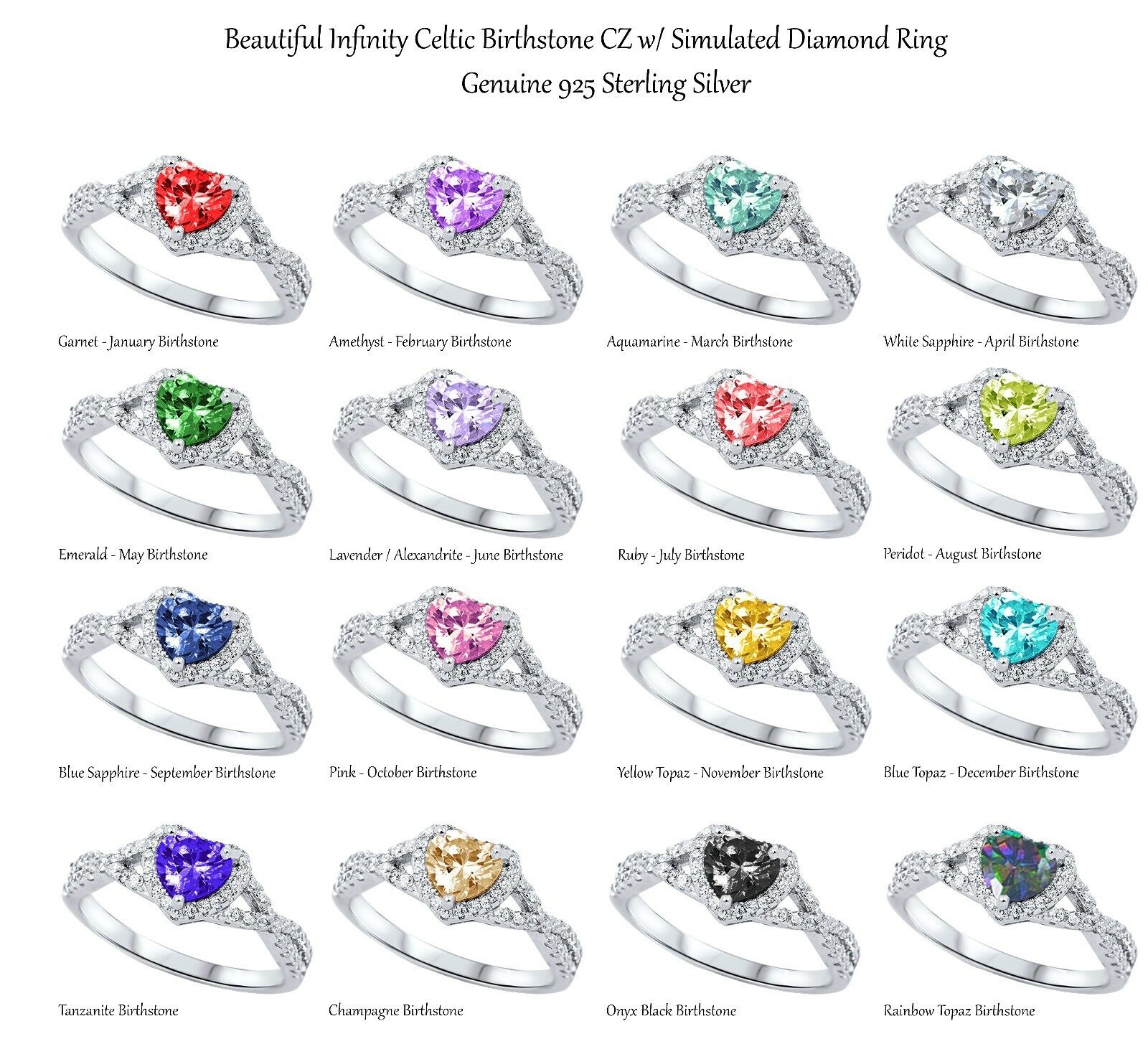 Heart Cut Promise Infinity Celtic Birthstone Sterling Silver Ring Size 4 - 13