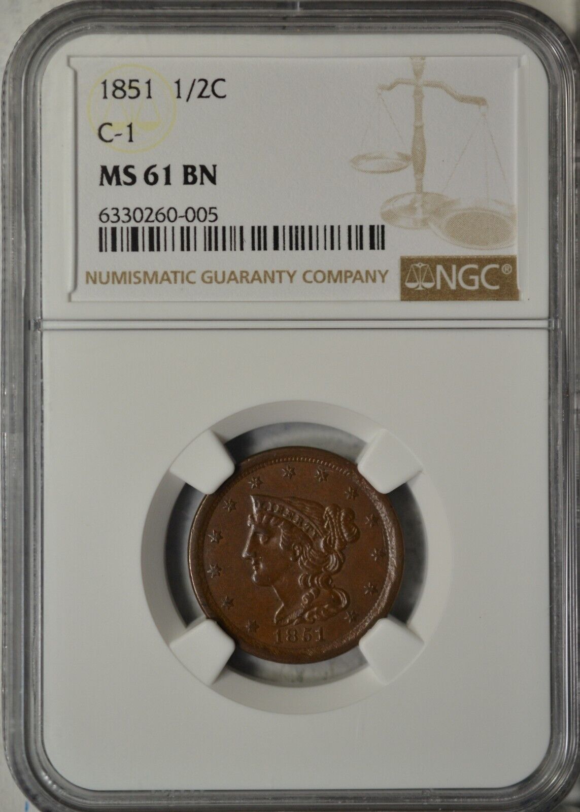 1851 Braided Hair Half Cent, Ngc Ms61 Bn..........type Coin Company