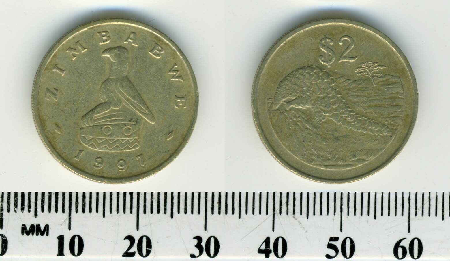 Zimbabwe 1997 - 2 Dollars Coin - Bird Statue - Pangolin Below Denomination