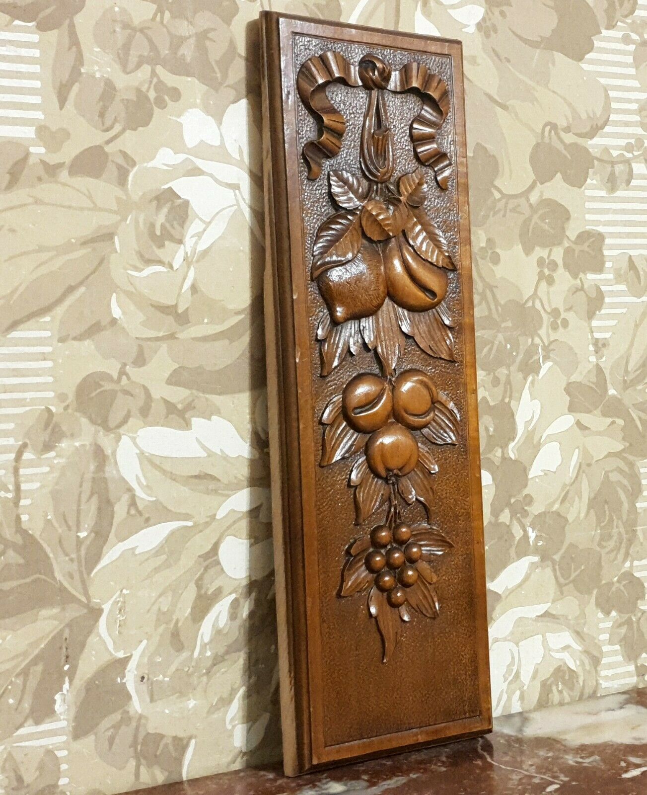 Bow Ribbon Fruit Garland Wood Carving Panel Antique French Architectural Salvage