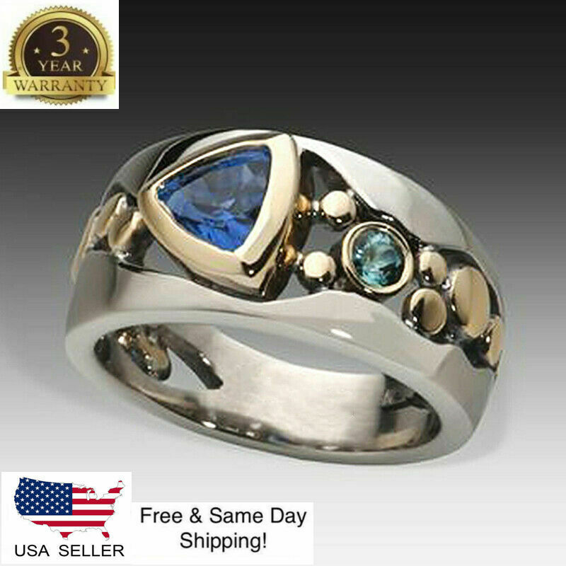 Elegant Two Tone 925 Silver Rings For Women Blue Sapphire Ring Size 6-10