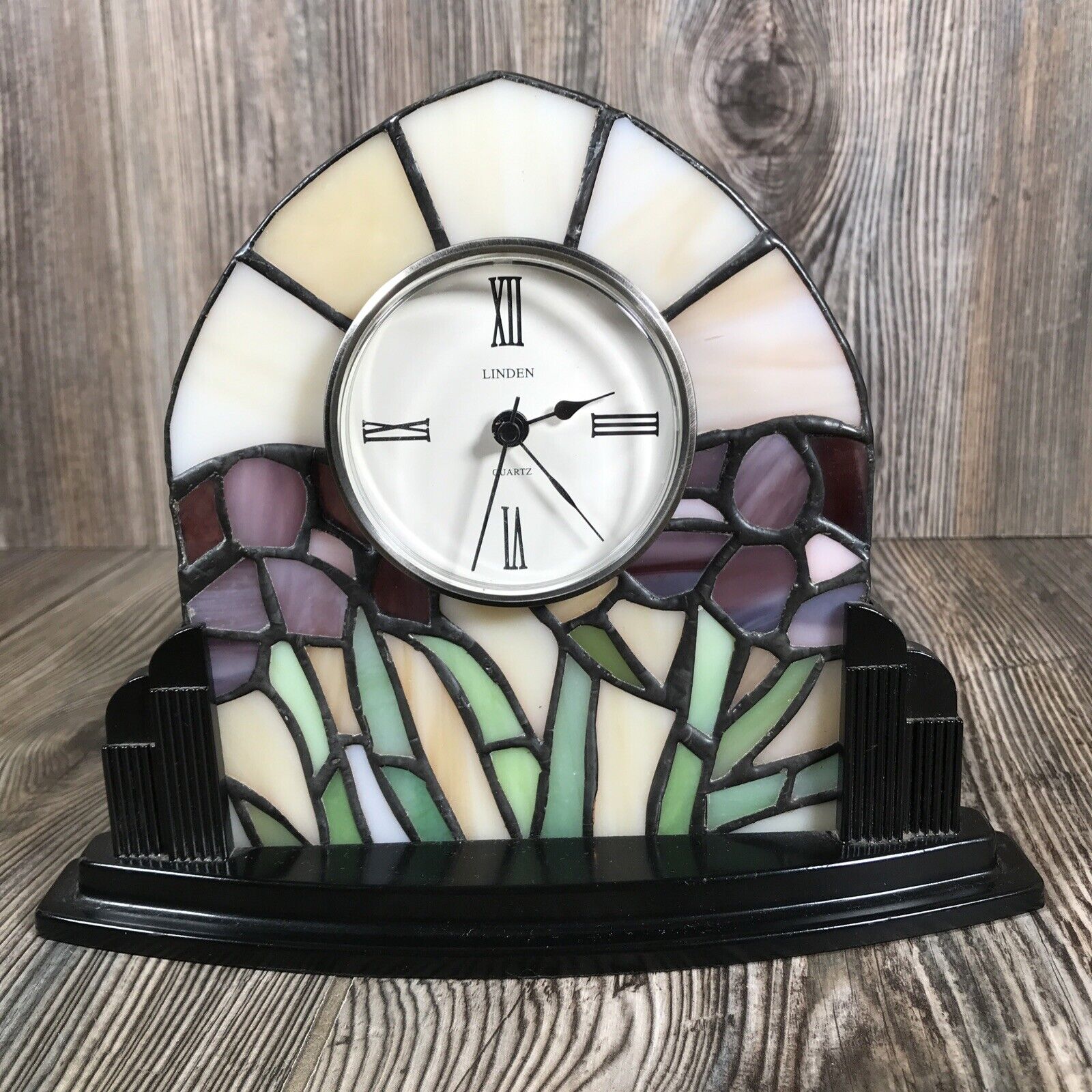Linden Iris Quartz Clock Tiffany Style Genuine Stained Glass Vtg Tested Works